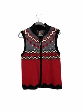 Coldwater Creek Fair Isle Zip Front Sweater Vest Red Gray Medium